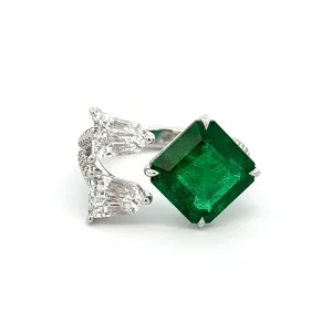 18k White Gold Shield Cut Diamond & Emerald Bypass Ring