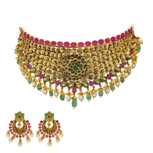 22K Antique Gold Choker Set with Gemstones & Pearls (92.2 grams)