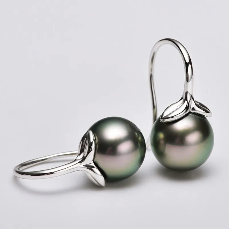 9-10mm Natural Tahitian Black Pearl 18K White Gold Drop Earrings