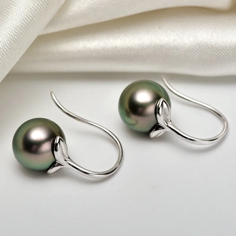 9-10mm Natural Tahitian Black Pearl 18K White Gold Drop Earrings