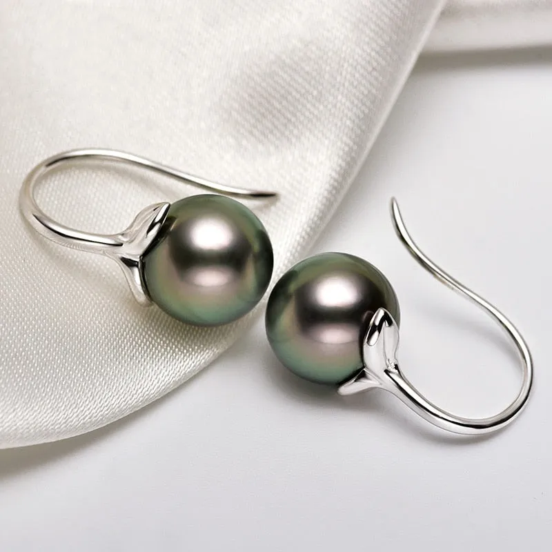 9-10mm Natural Tahitian Black Pearl 18K White Gold Drop Earrings