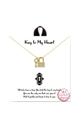 BJNA649GD Gold "Key to My Heart" Pave CZ Lock & Key Necklace