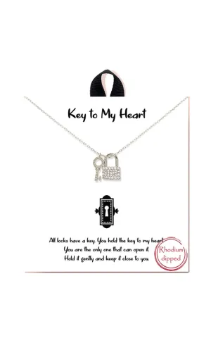 BJNA649RH Rhodium "Key to My Heart" Pave CZ Lock & Key Necklace