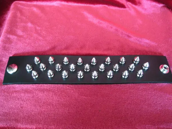 Black Leather Bracelet w/ 3 Rows of Scattered Silver Spikes