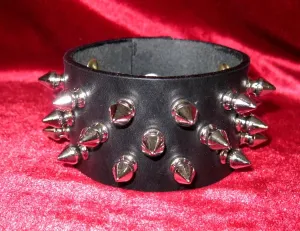 Black Leather Bracelet w/ 3 Rows of Scattered Silver Spikes