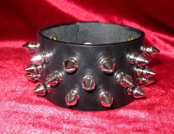 Black Leather Bracelet w/ 3 Rows of Scattered Silver Spikes