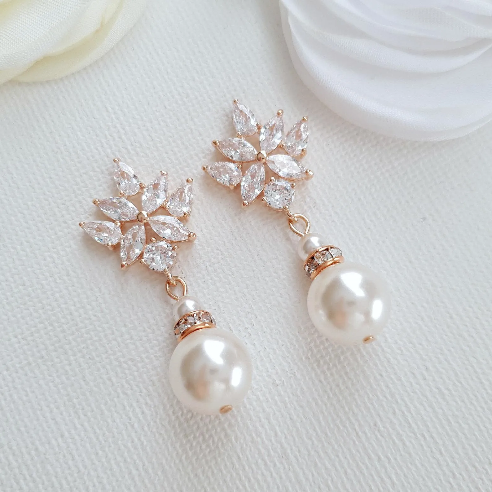 Bridal Earrings with Round Pearl Drops in Silver-Rosa