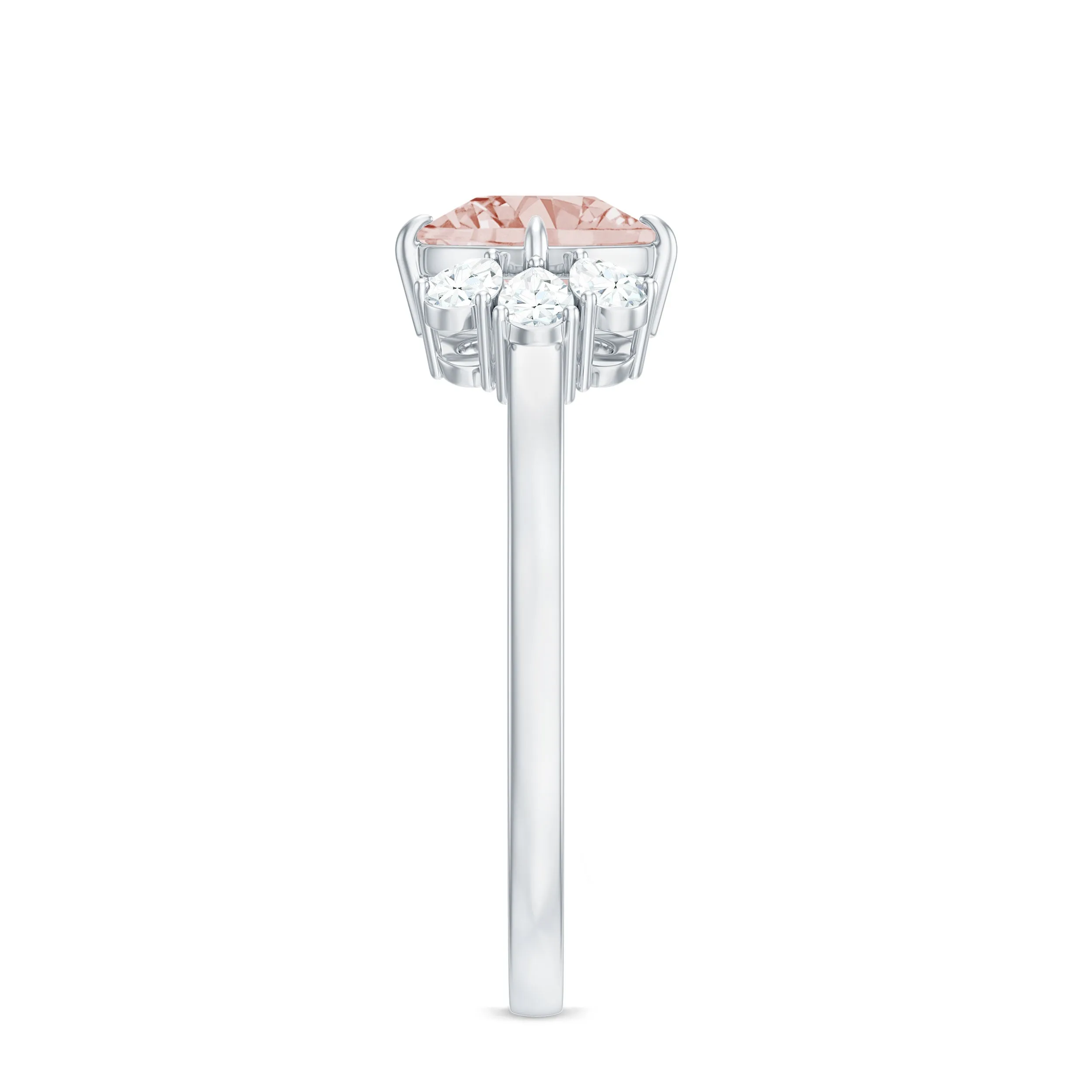 Cushion Cut Morganite Solitaire Ring with Diamond Trio