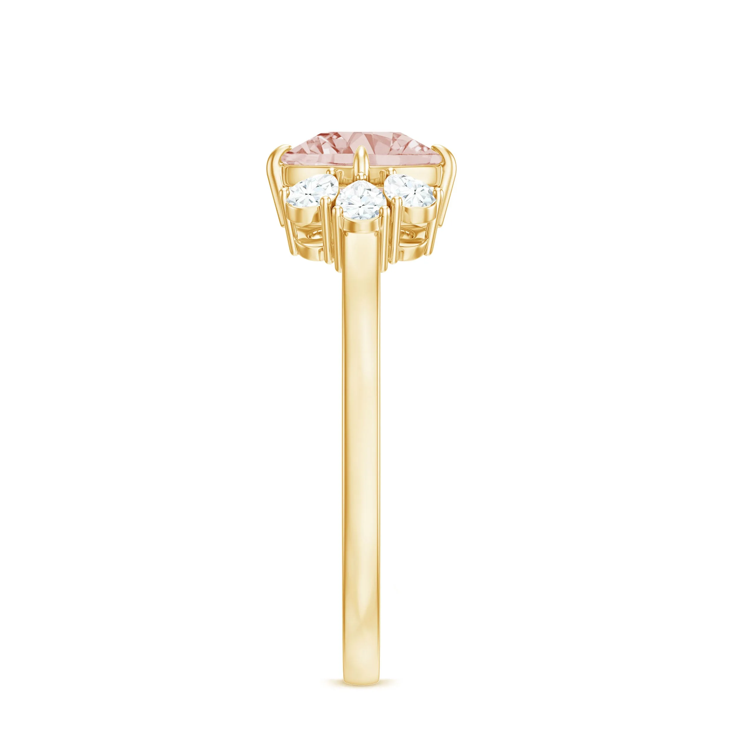 Cushion Cut Morganite Solitaire Ring with Diamond Trio