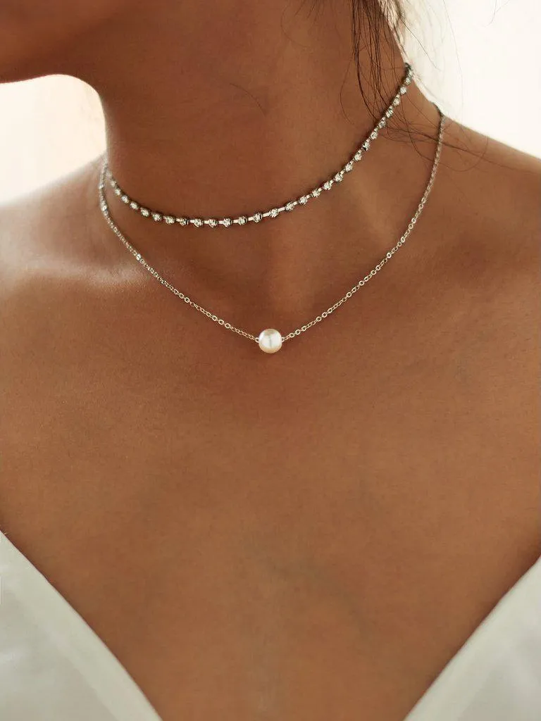 Faux Pearl Pendant Rhinestone Choker Necklace 2pcs