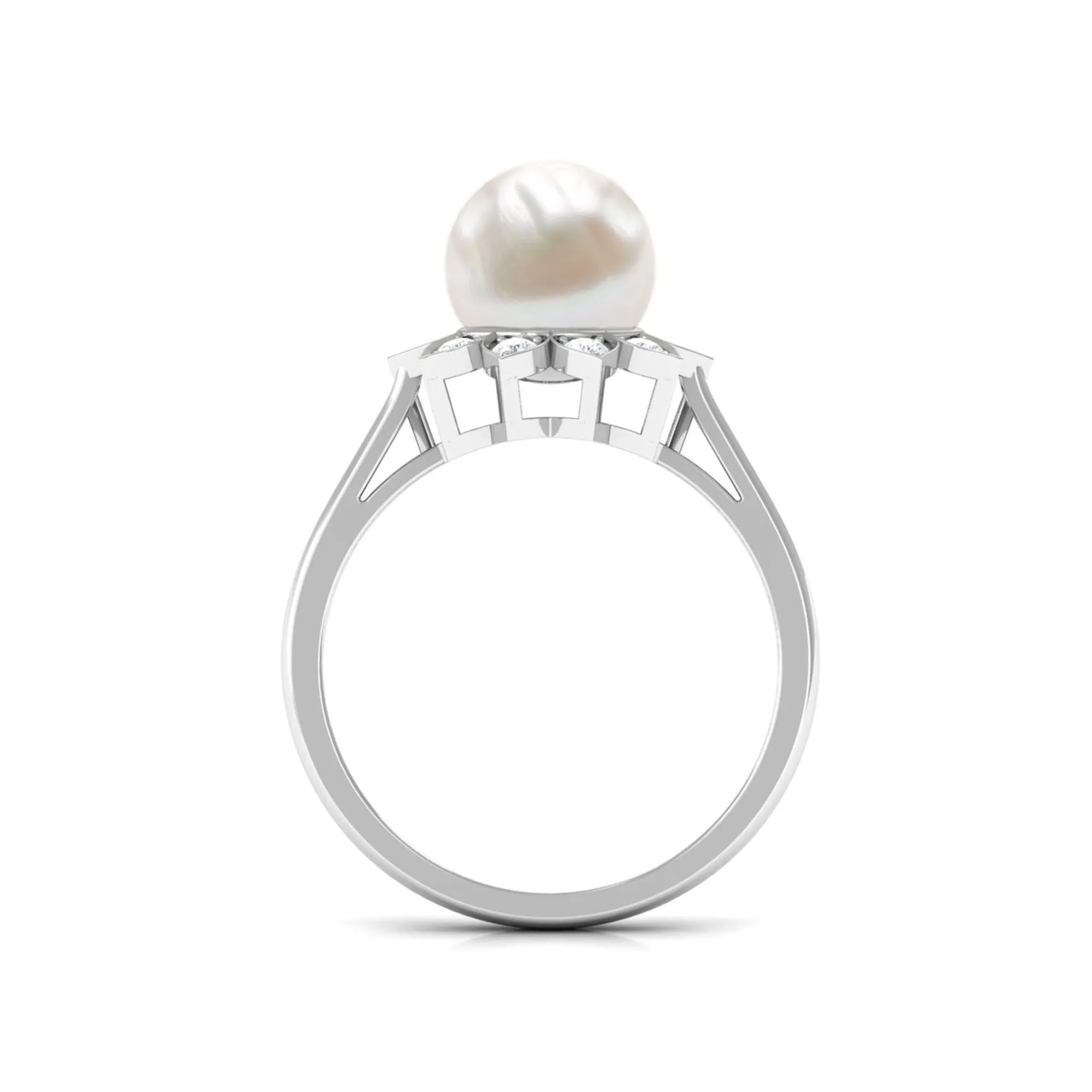 Freshwater Pearl and Diamond Flower Halo Engagement Ring