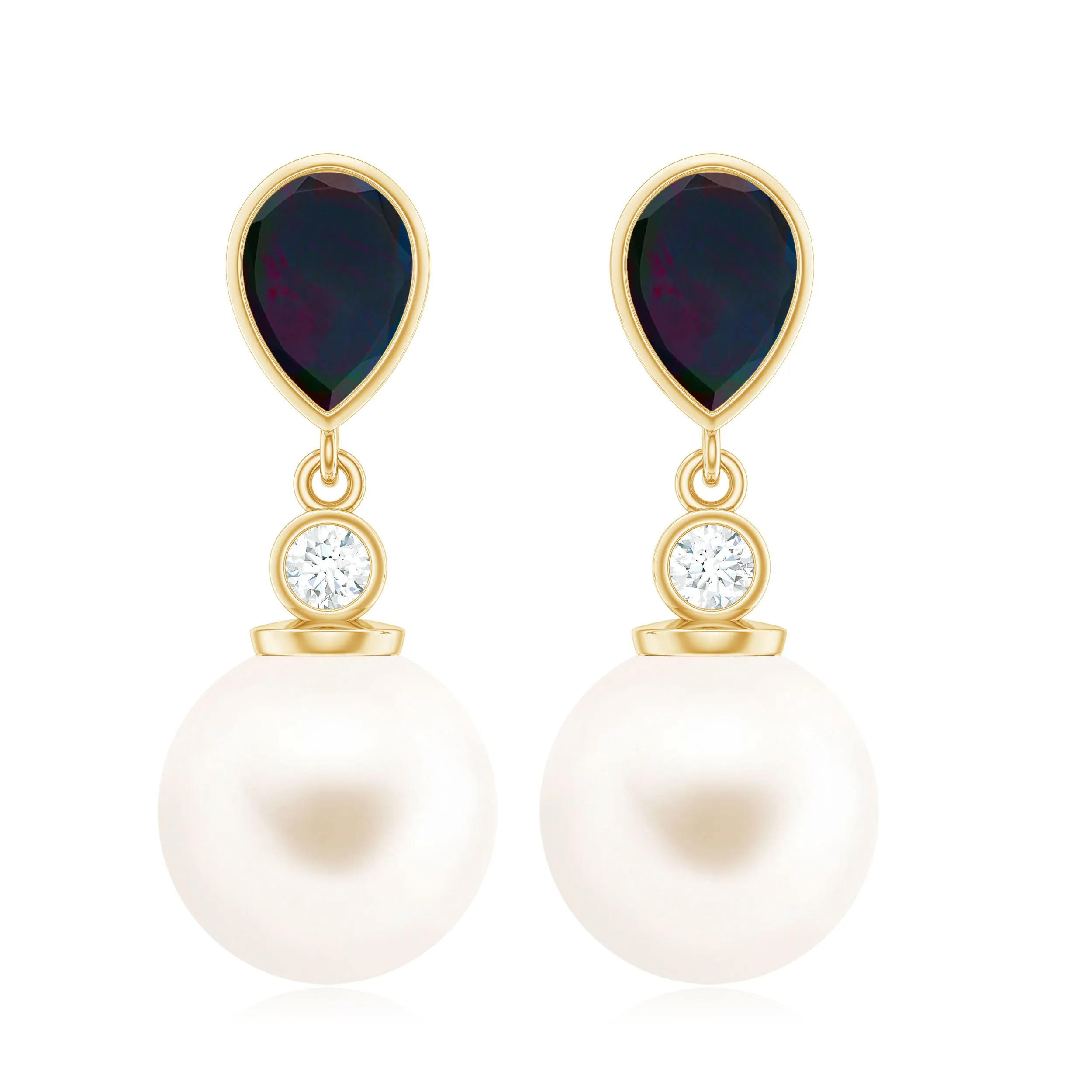 Freshwater Pearl Drop Earrings with Black Opal and Moissanite