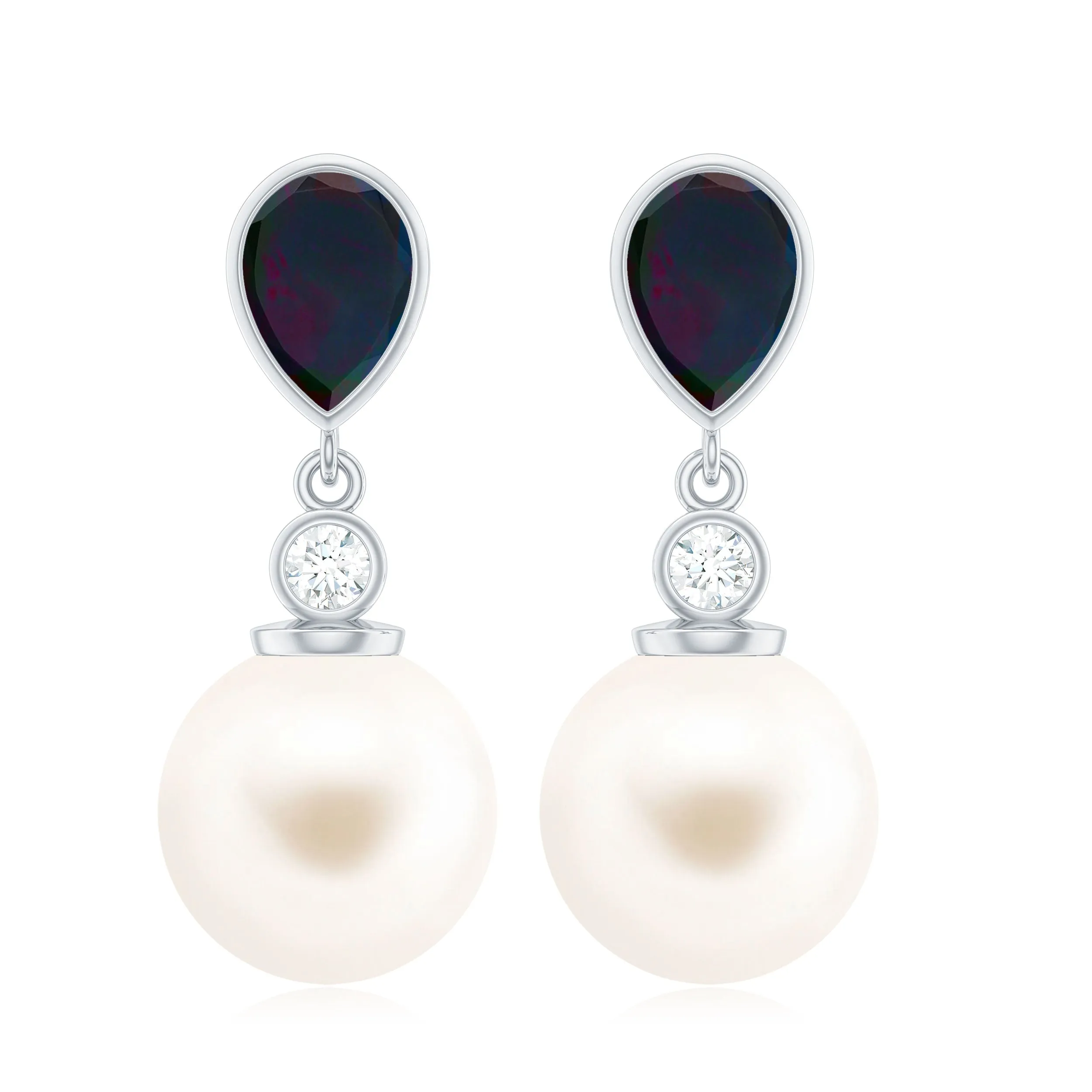 Freshwater Pearl Drop Earrings with Black Opal and Moissanite