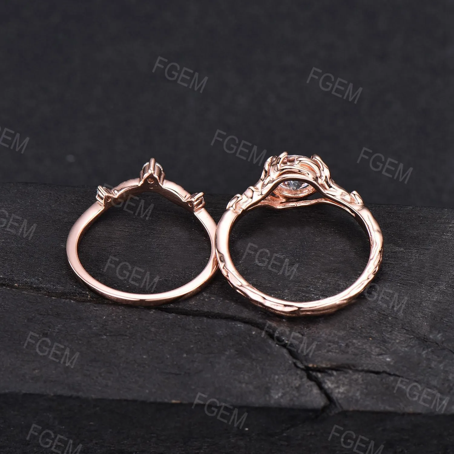 Gold Leaf Engagement Ring Set Nature Inspired 6.5mm Round Moissanite Bridal Set Leaf Vine Moissanite Diamond Wedding Ring Promise Women Gift