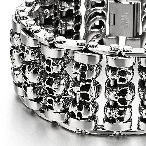 Heavy and Sturdy Steel Large Link Chain Motorcycle Bike Bracelet for Men, Featuring Skulls, Polished Finish, Perfect for Casual Wear or Biker-Themed Events