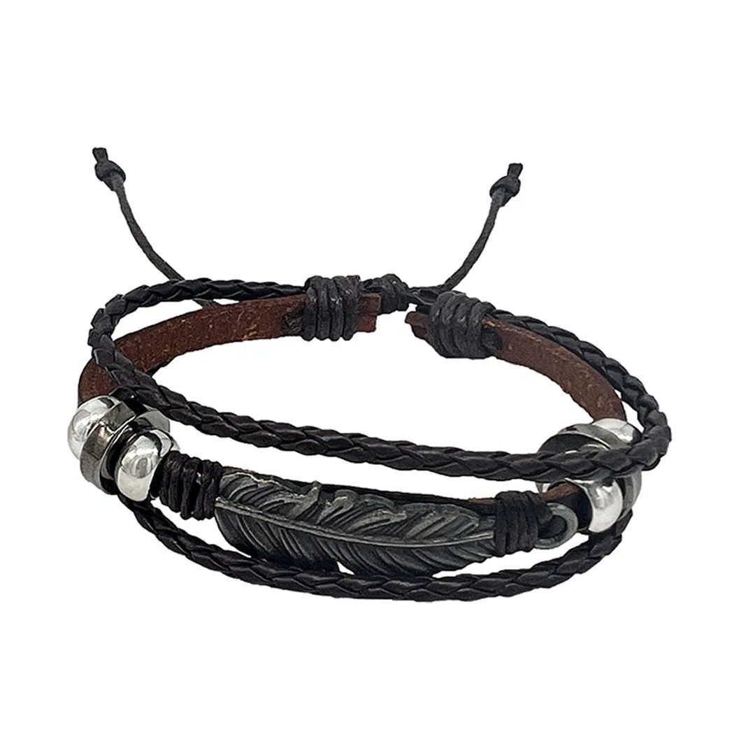 Men's Adjustable Multi Strand Feather and Brown Leather Multistrand Bracelet