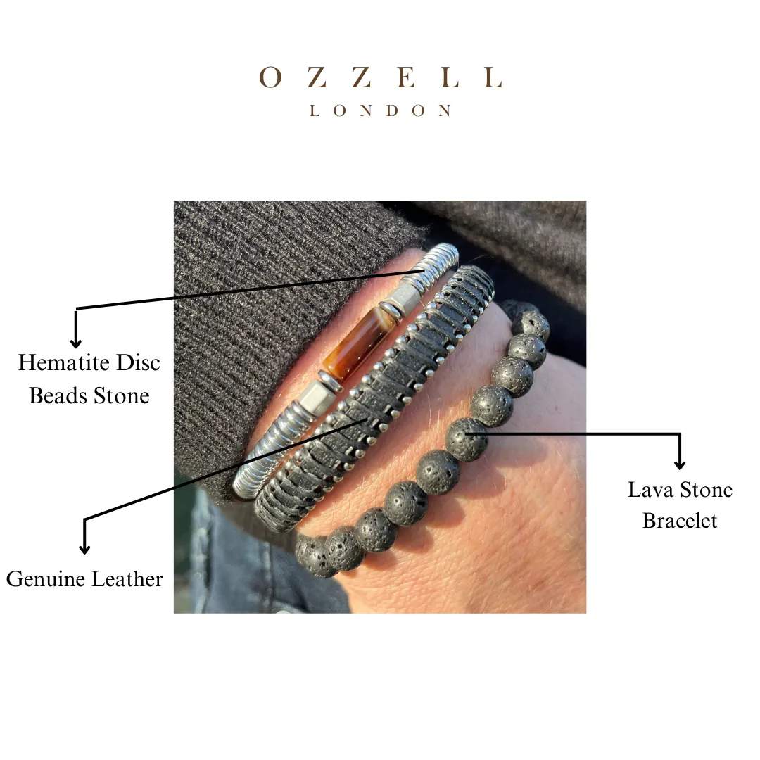 Men’s Natural Stone Beaded Bracelet, Set of 3 Bracelets with Gemstone Hematite Beaded Bracelet, Leather Bracelet, Lava Stone Bracelet