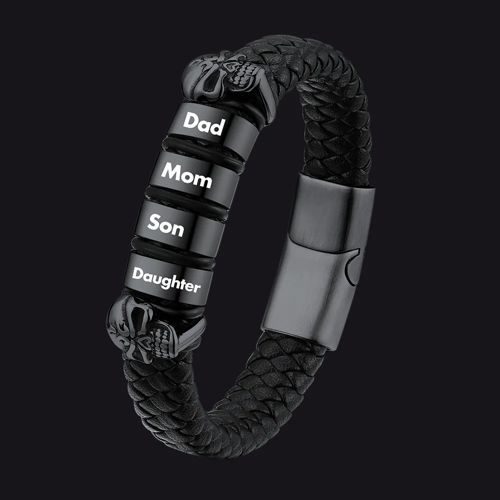 Personalised Black Name Beads Leather Bracelet with Skull for Men Dad