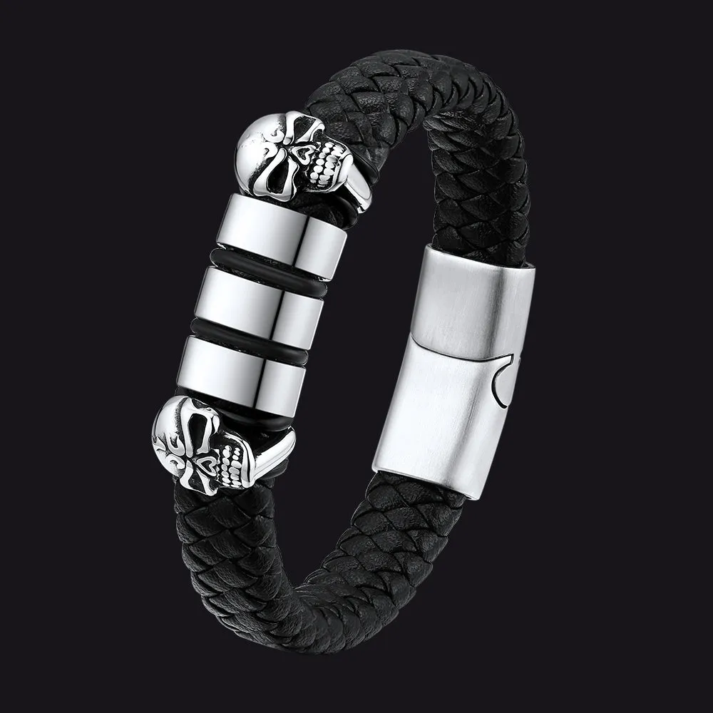 Personalised Black Name Beads Leather Bracelet with Skull for Men Dad