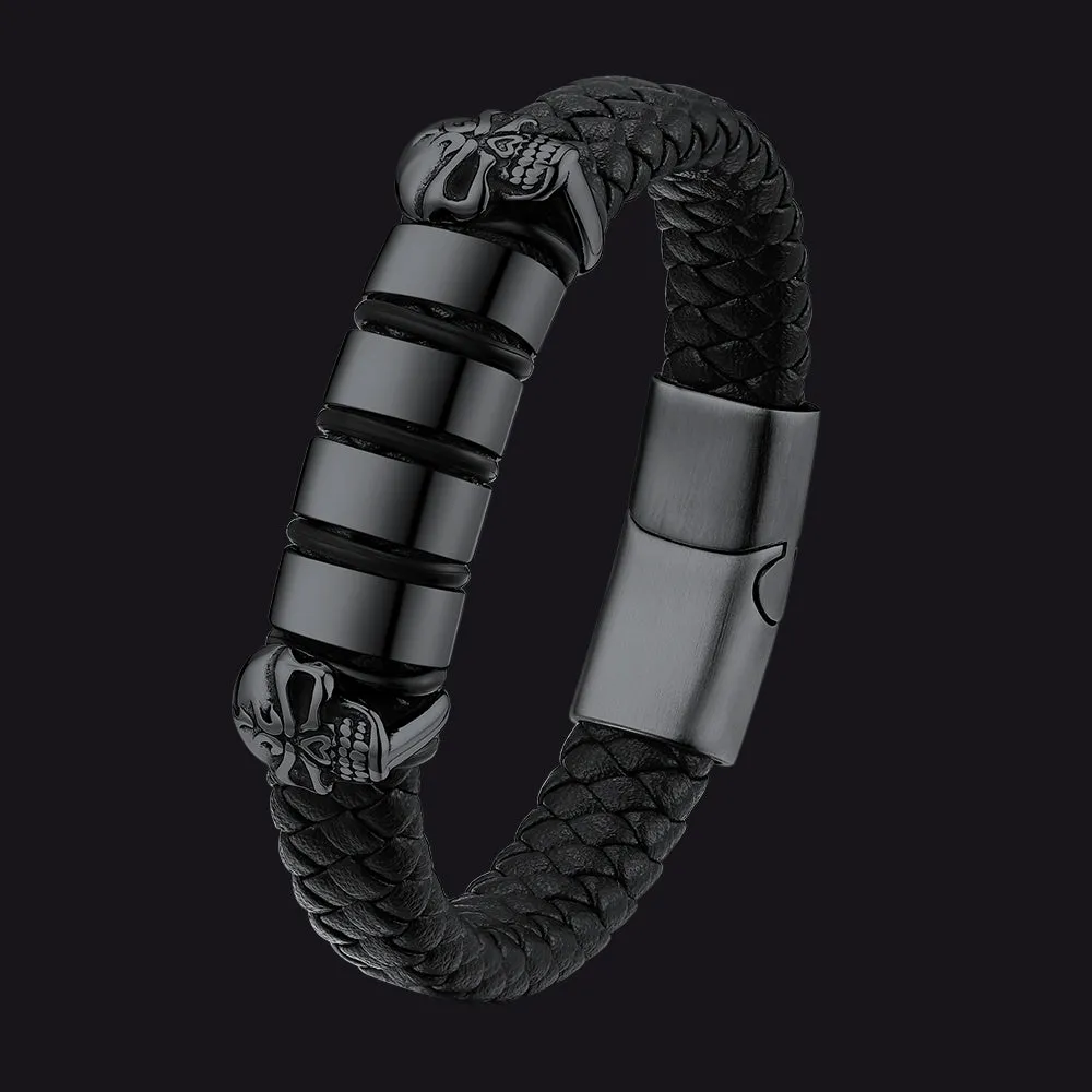 Personalised Black Name Beads Leather Bracelet with Skull for Men Dad