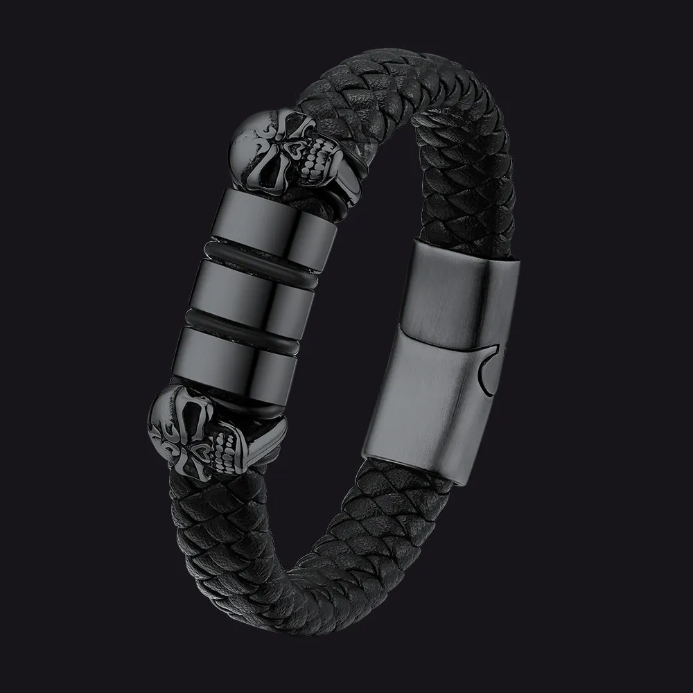 Personalised Black Name Beads Leather Bracelet with Skull for Men Dad