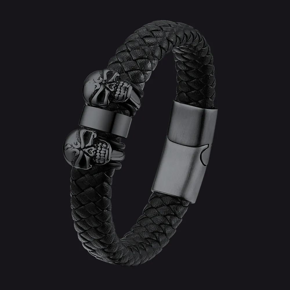 Personalised Black Name Beads Leather Bracelet with Skull for Men Dad