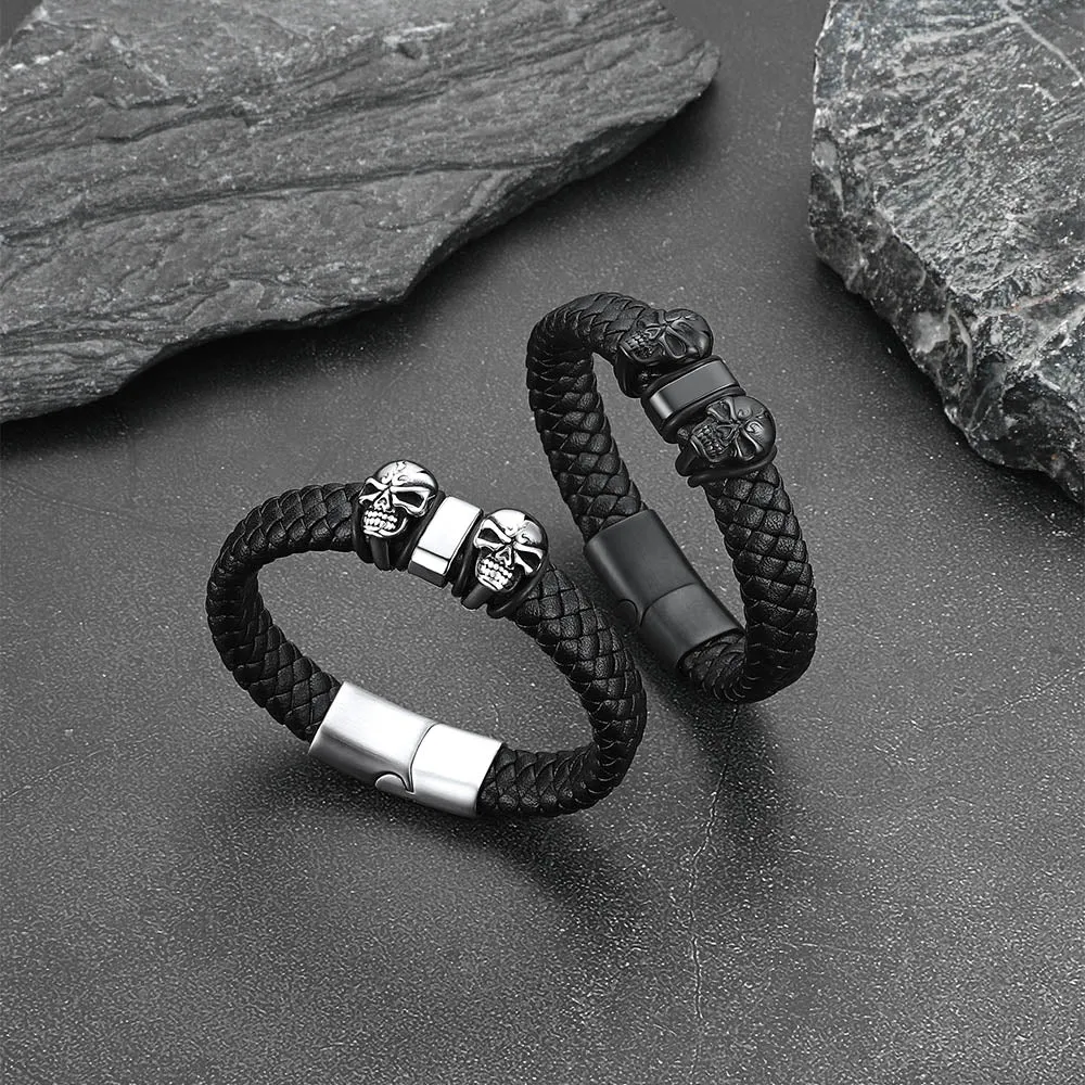 Personalised Black Name Beads Leather Bracelet with Skull for Men Dad