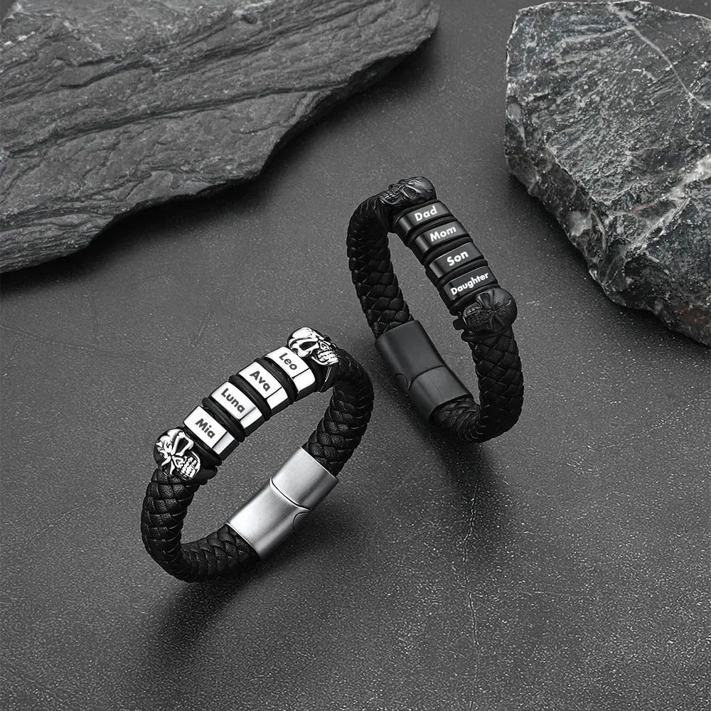 Personalised Black Name Beads Leather Bracelet with Skull for Men Dad