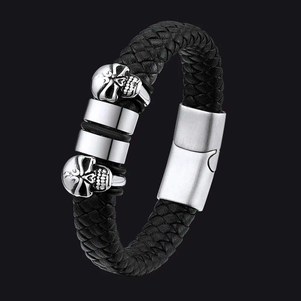Personalised Black Name Beads Leather Bracelet with Skull for Men Dad
