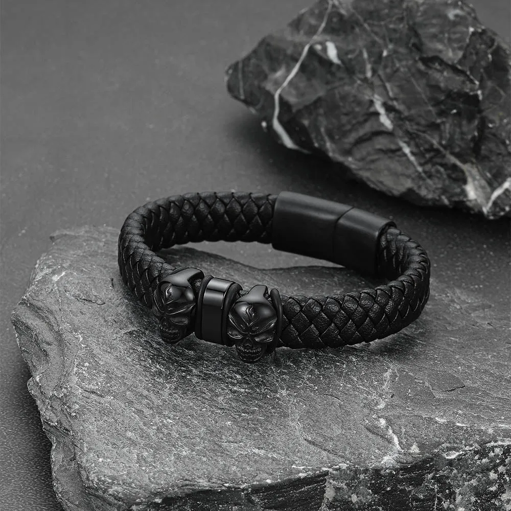 Personalised Black Name Beads Leather Bracelet with Skull for Men Dad