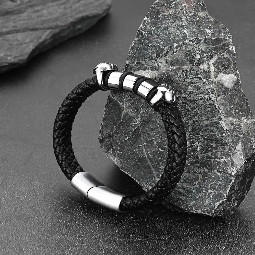 Personalised Black Name Beads Leather Bracelet with Skull for Men Dad