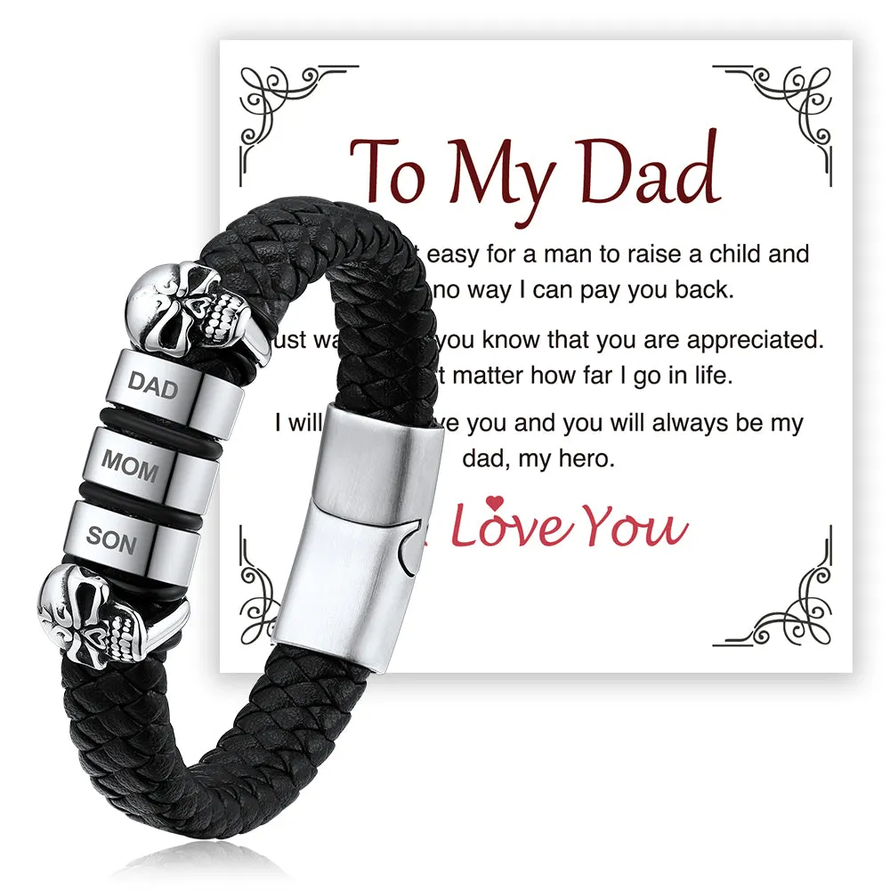 Personalised Black Name Beads Leather Bracelet with Skull for Men Dad