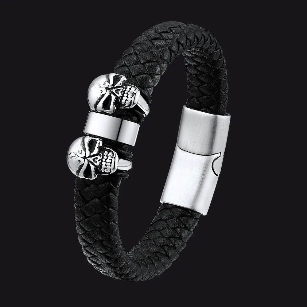 Personalised Black Name Beads Leather Bracelet with Skull for Men Dad