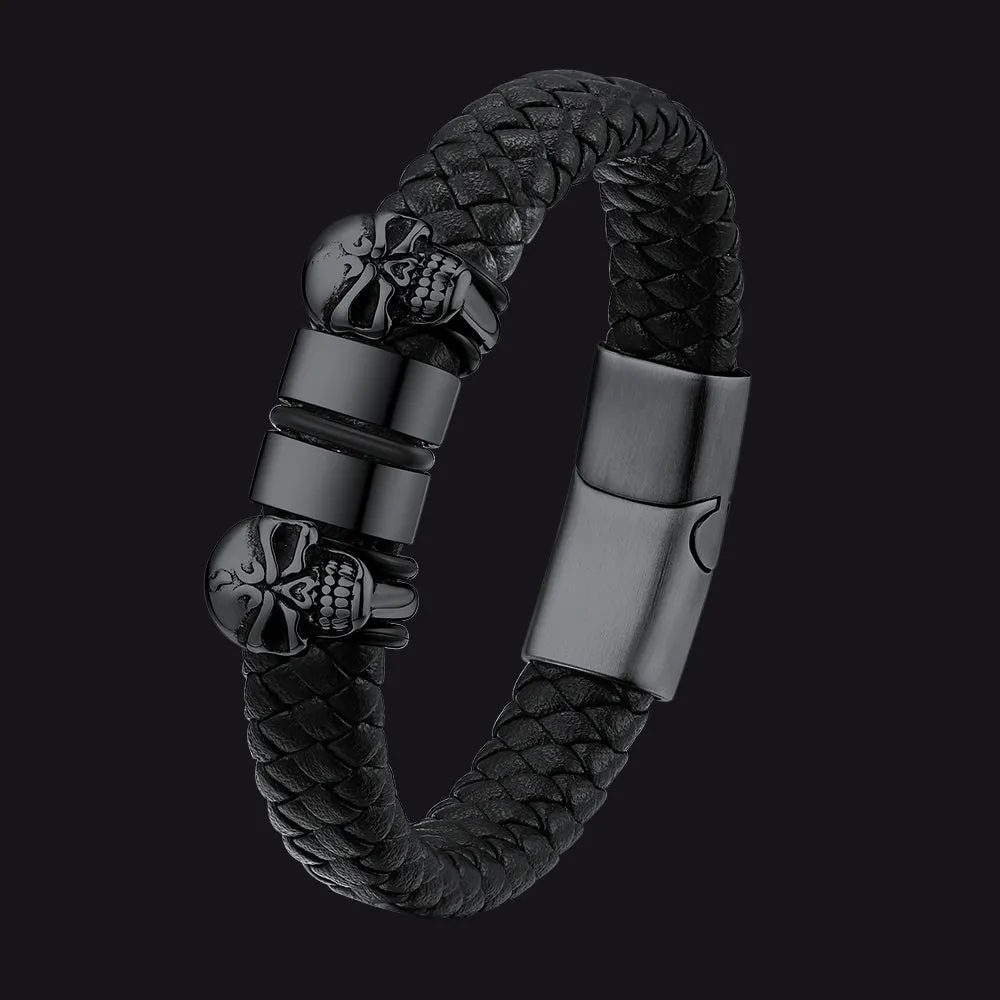 Personalised Black Name Beads Leather Bracelet with Skull for Men Dad