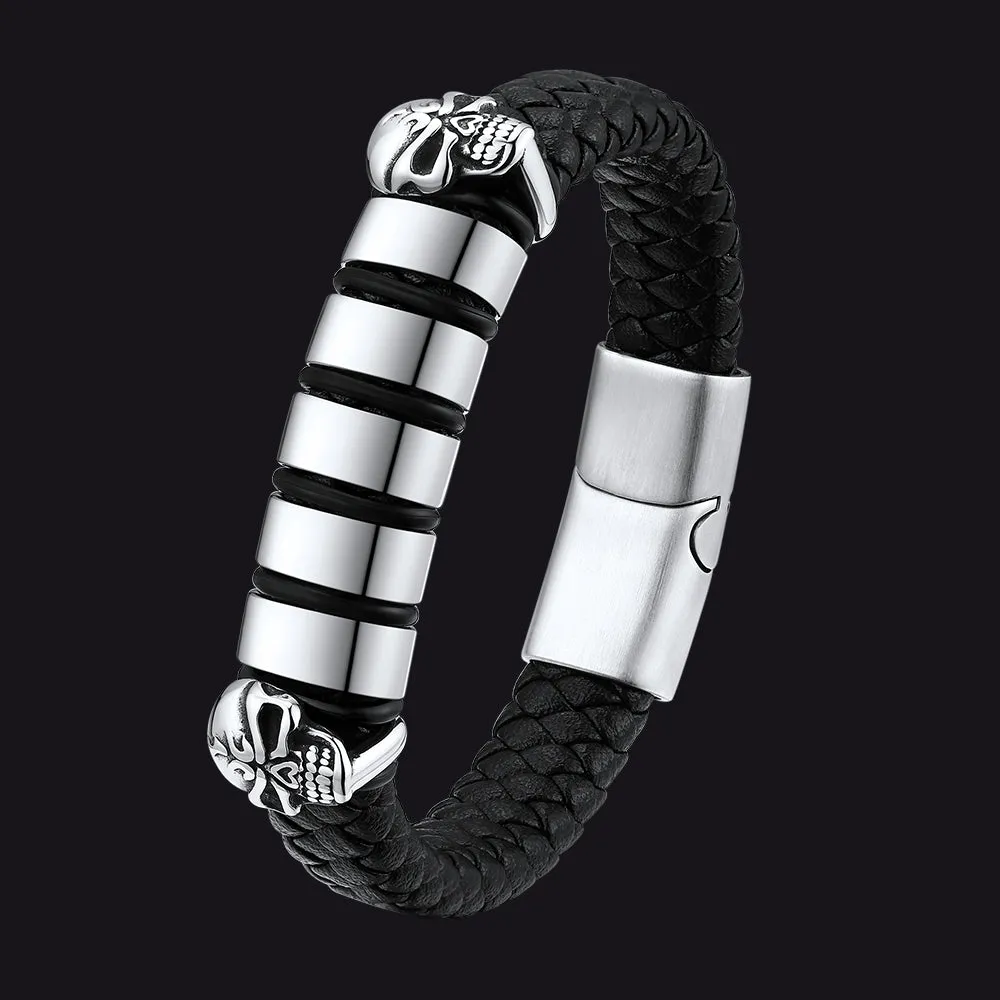 Personalised Black Name Beads Leather Bracelet with Skull for Men Dad