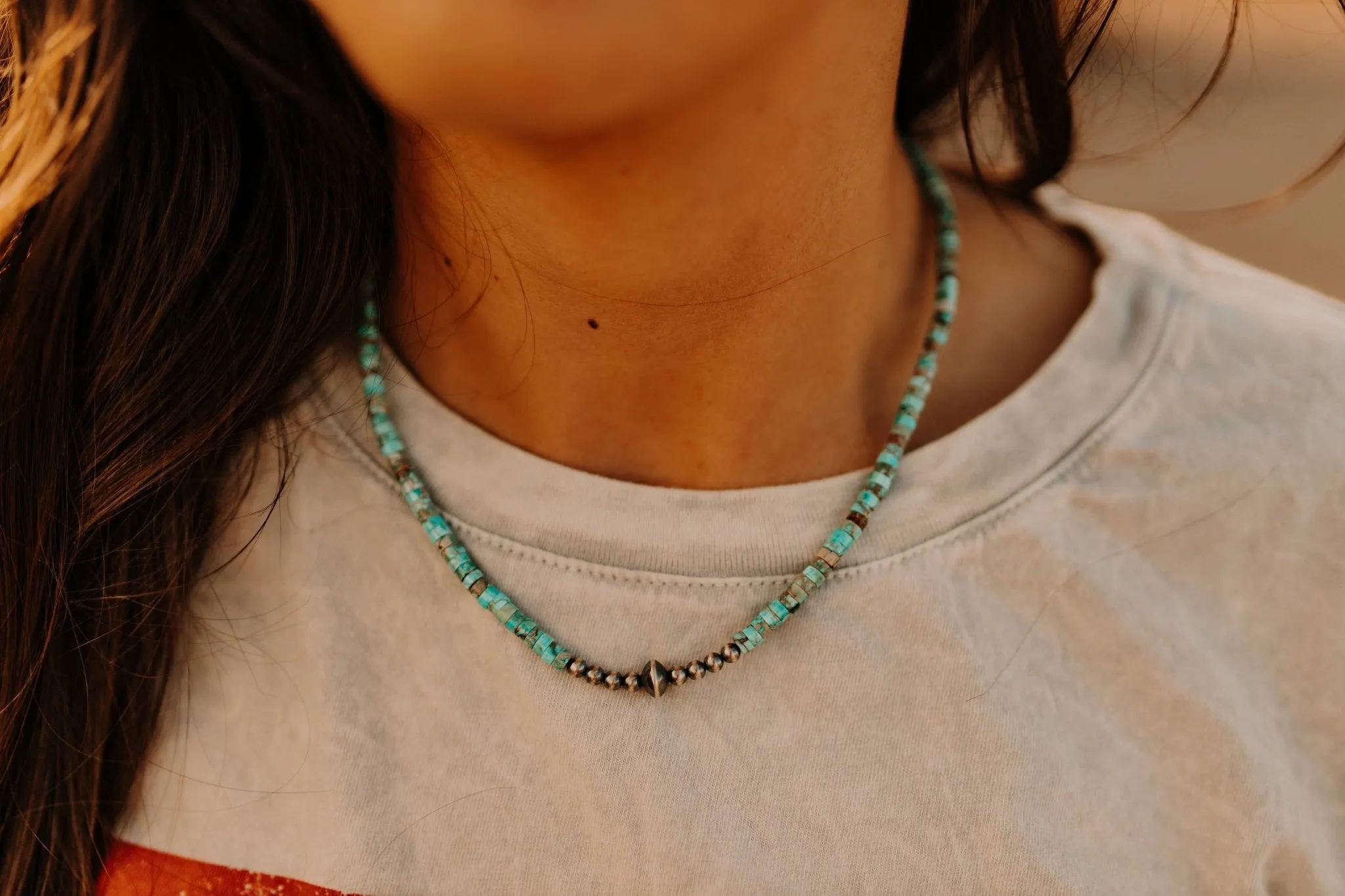Stacked Turquoise Stone and Navajo Pearl Choker
