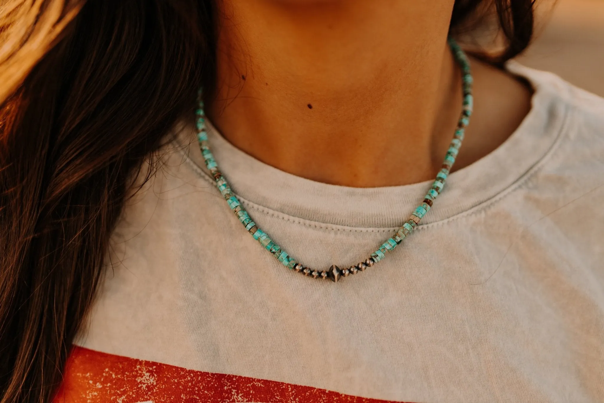 Stacked Turquoise Stone and Navajo Pearl Choker