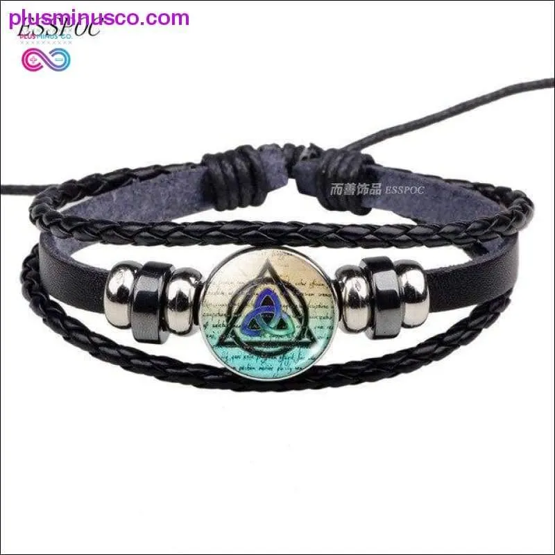 Triquetra Glass Cabochon Dome Leather Button Woven Bracelet