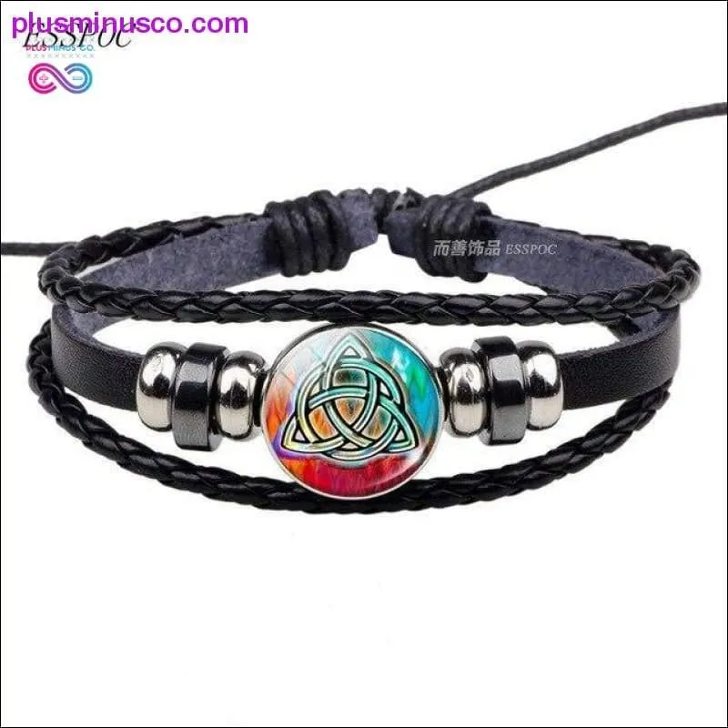 Triquetra Glass Cabochon Dome Leather Button Woven Bracelet