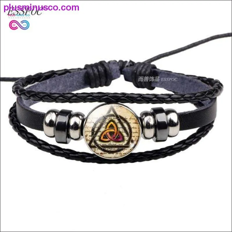Triquetra Glass Cabochon Dome Leather Button Woven Bracelet