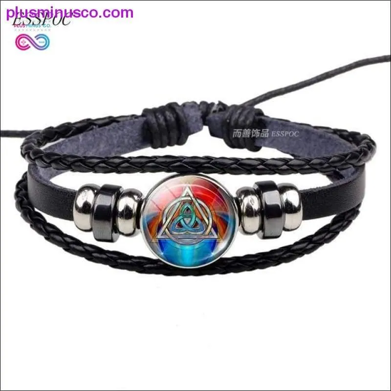 Triquetra Glass Cabochon Dome Leather Button Woven Bracelet