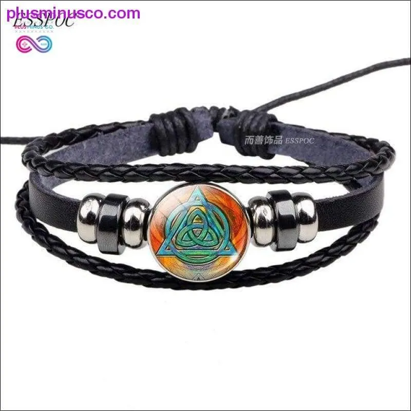 Triquetra Glass Cabochon Dome Leather Button Woven Bracelet