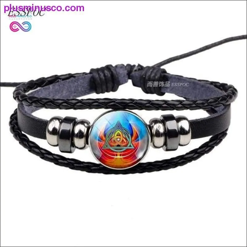 Triquetra Glass Cabochon Dome Leather Button Woven Bracelet