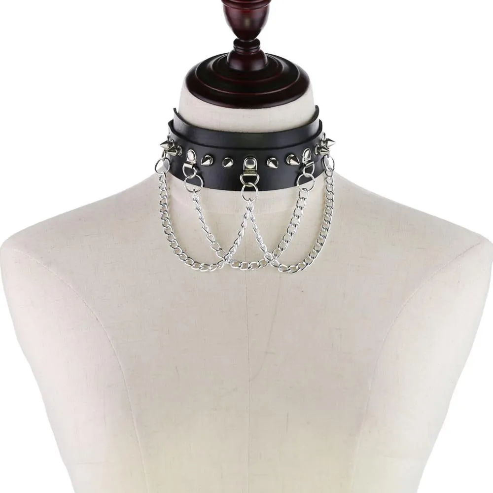 Vegan Leather Gothic Choker With Zinc Alloy Chain / Sexy Spiked Collar / Festival Jewelry