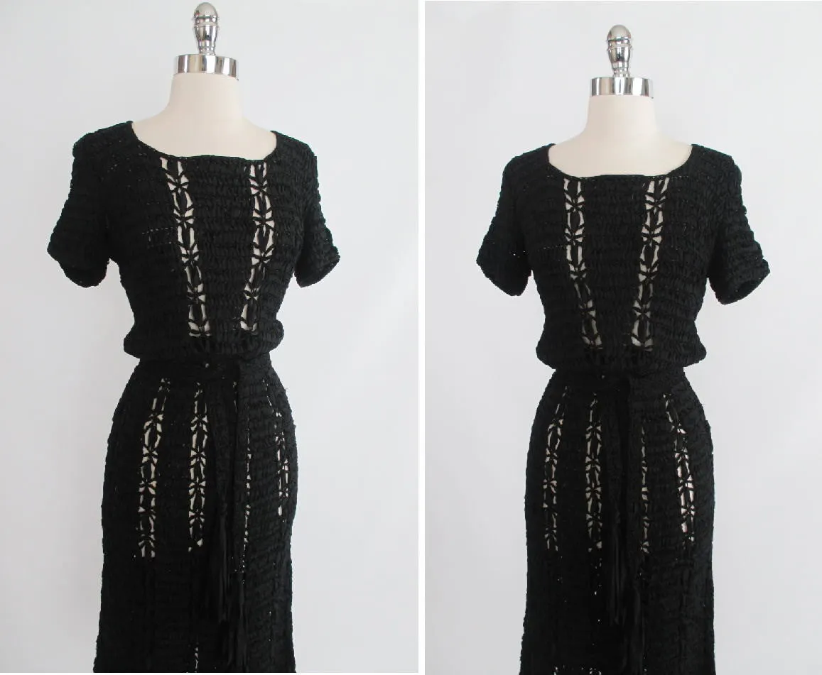 Vintage 40's Black Hand Crochet Knit Ribbon Dress S