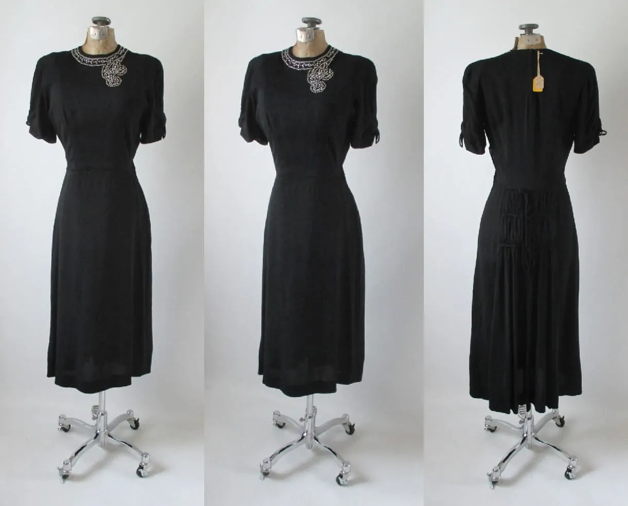 Vintage 40's Black Rayon Rhinestone Bustle Back Evening Party Dress NOS S