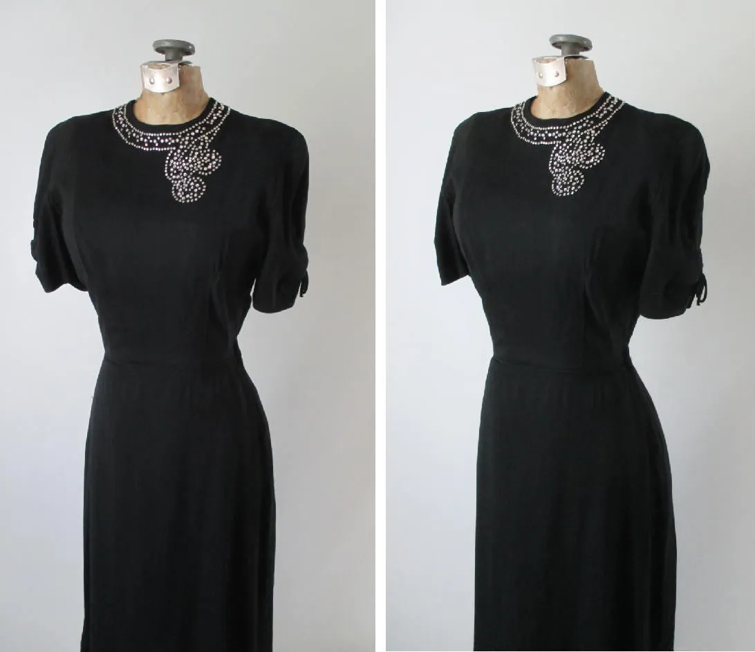 Vintage 40's Black Rayon Rhinestone Bustle Back Evening Party Dress NOS S
